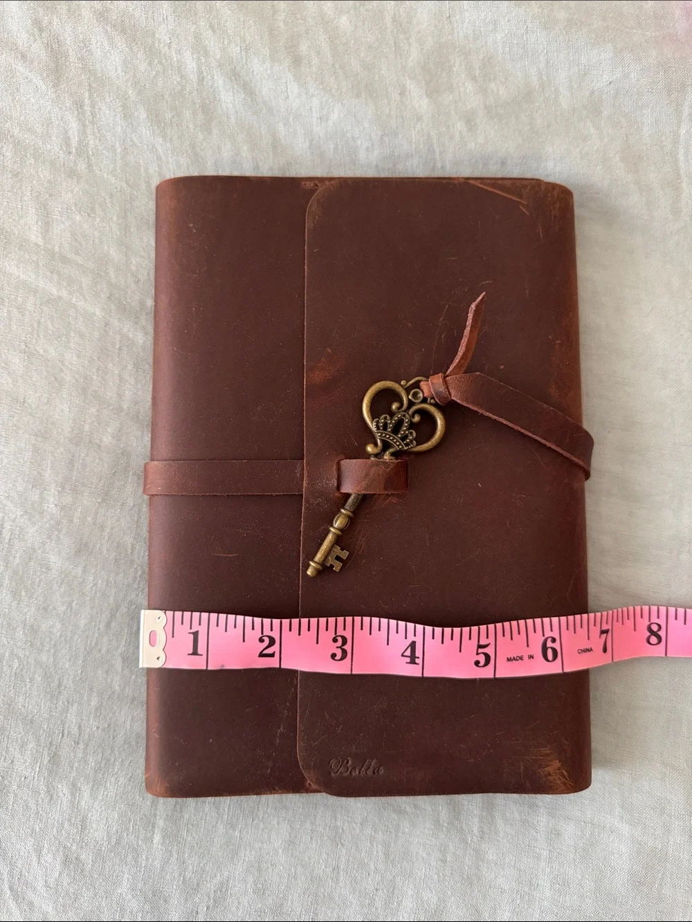 Genuine Brown Leather Handmade Refillable Journal with Key Charm “Bella” Unused
